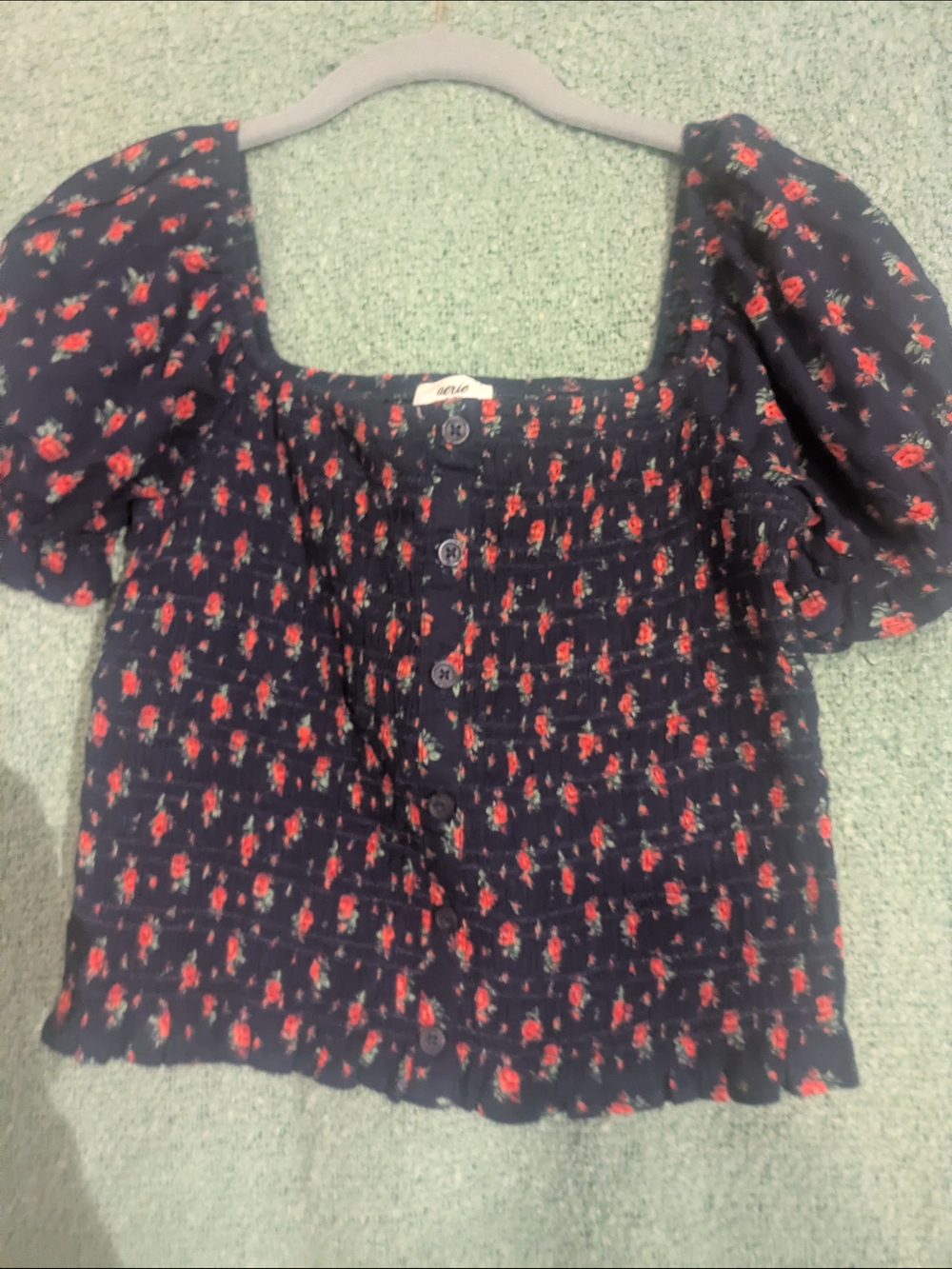Aerie, Cropped Navy Floral Smocked Button-Front Puff Sleeve Top